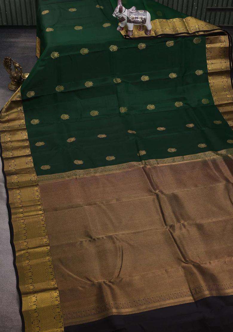 Green Coffee Brown Kanchipuram Silk Buttas Saree With Buttas And Brocade Design For Women - Indya