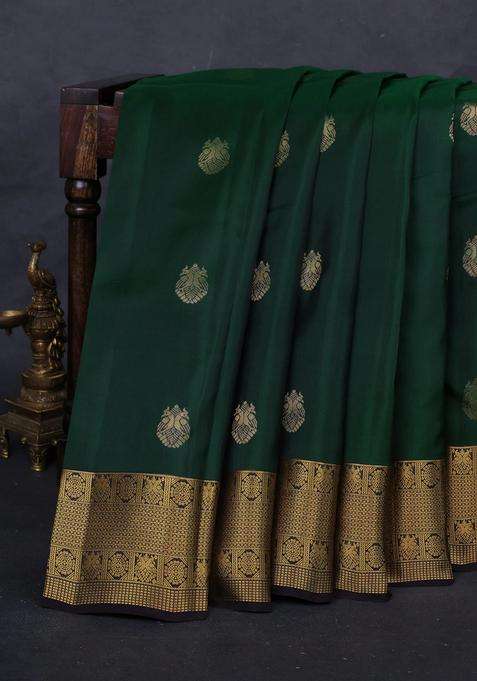 Green Coffee Brown Kanchipuram Silk Buttas Saree With Buttas And Brocade Design For Women
