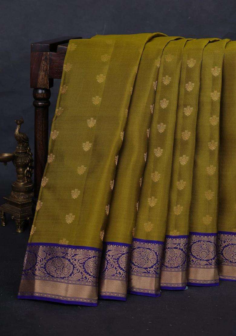 Mehendi Green Blue Kanchipuram Silk Buttas Saree With Buttas And Brocade Design For Women - Indya