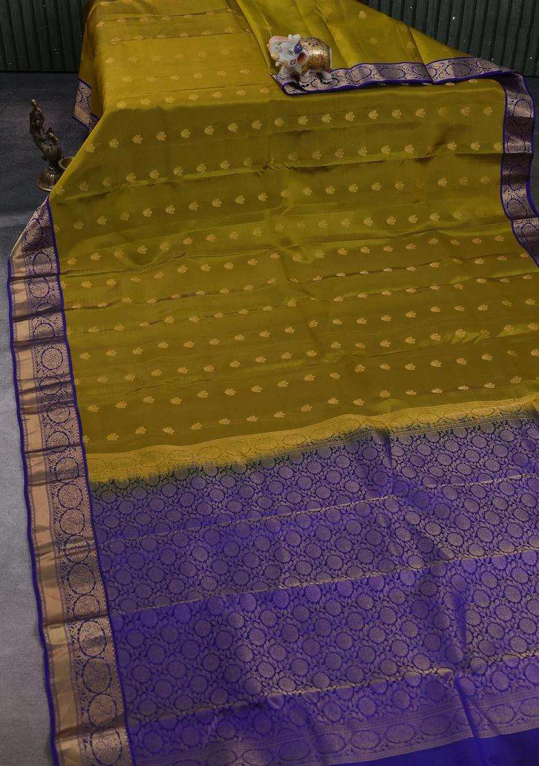 Mehendi Green Blue Kanchipuram Silk Buttas Saree With Buttas And Brocade Design For Women - Indya