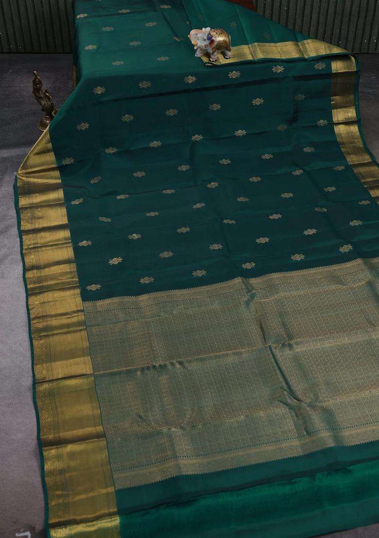 Peacock Green Kanchipuram Silk Buttas Saree With Buttas And Brocade Design For Women - Indya