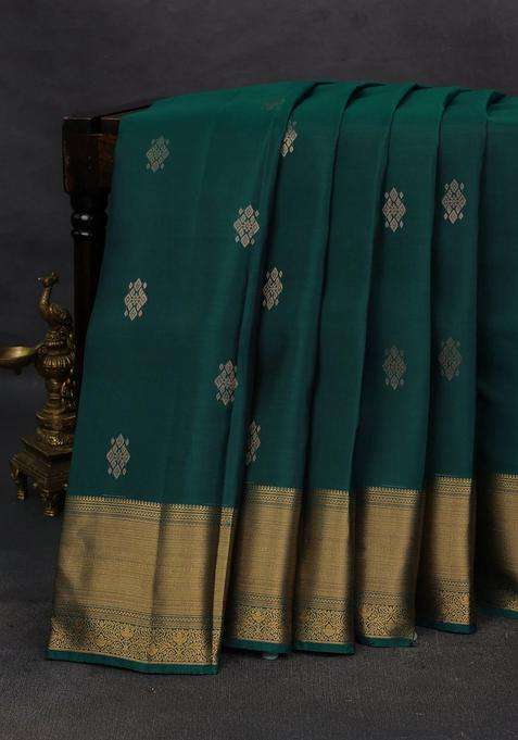 Peacock Green Kanchipuram Silk Buttas Saree With Buttas And Brocade Design For Women