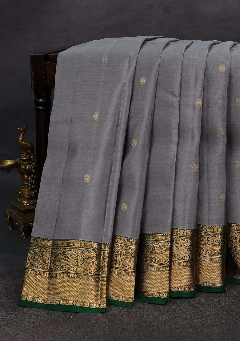 Grey Green Kanchipuram Silk Buttas Saree With Buttas And Brocade Design For Women - Indya