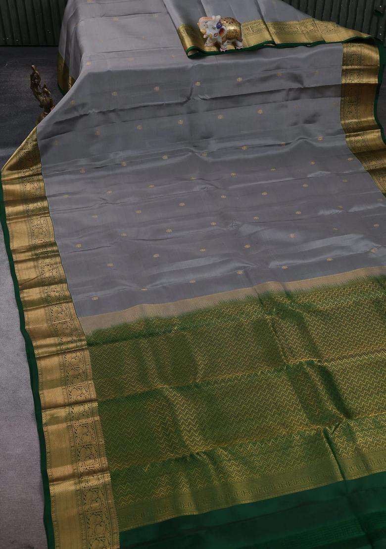 Grey Green Kanchipuram Silk Buttas Saree With Buttas And Brocade Design For Women - Indya