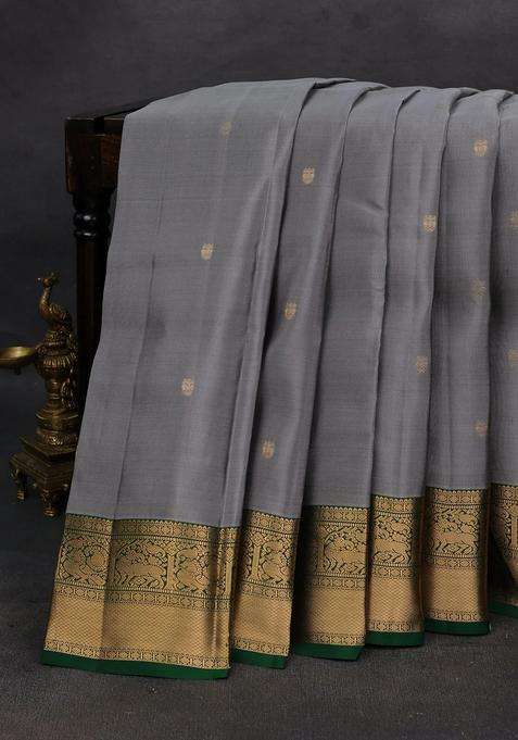 Grey Green Kanchipuram Silk Buttas Saree With Buttas And Brocade Design For Women