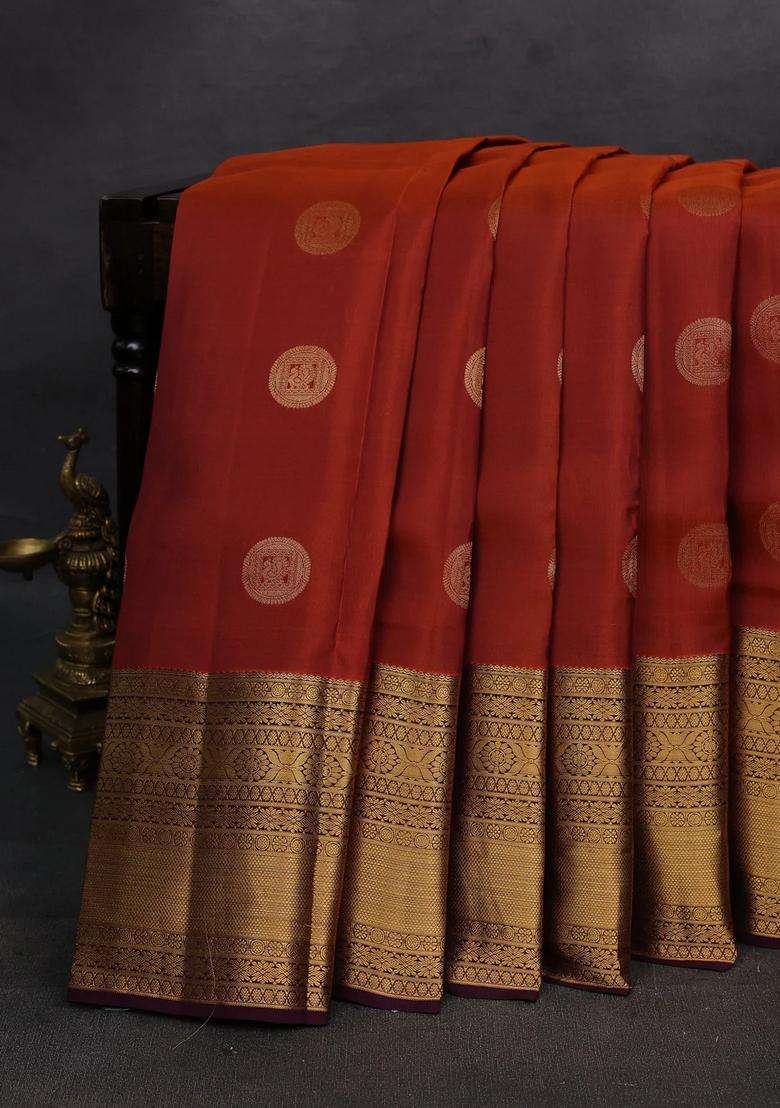 Rust Wine Kanchipuram Silk Buttas Saree With Buttas And Brocade Design For Women - Indya