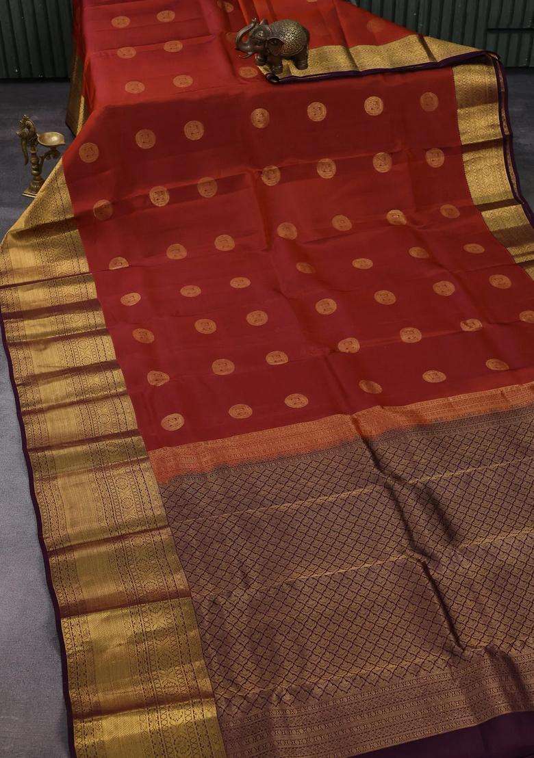 Rust Wine Kanchipuram Silk Buttas Saree With Buttas And Brocade Design For Women - Indya