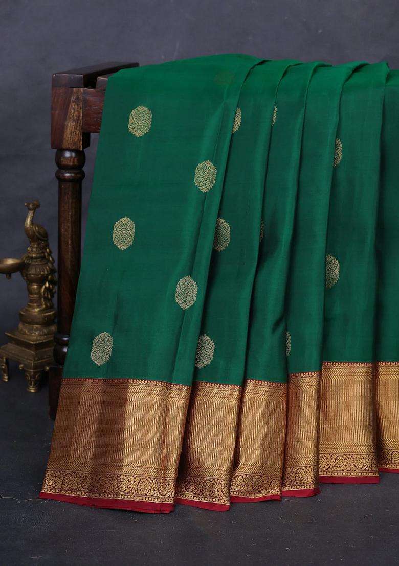 Green Maroon Kanchipuram Silk Buttas Saree With Buttas And Brocade Design For Women - Indya