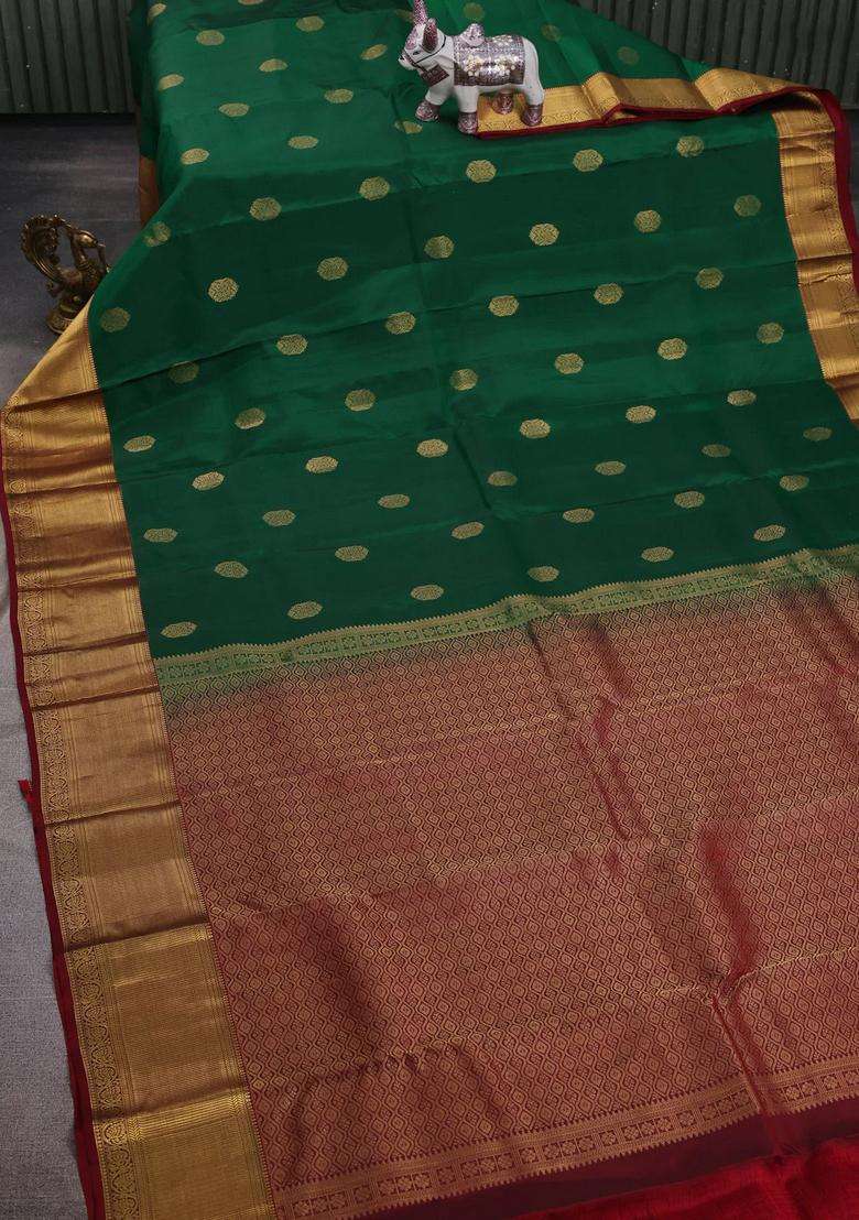 Green Maroon Kanchipuram Silk Buttas Saree With Buttas And Brocade Design For Women - Indya