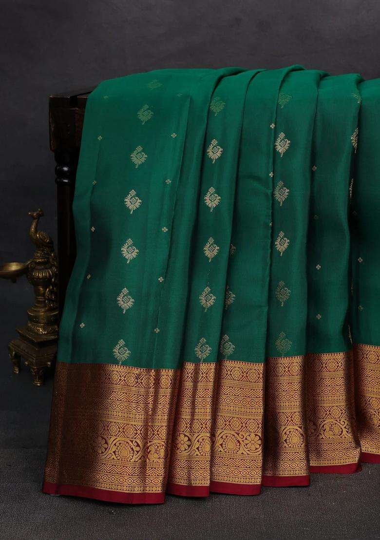 Green Maroon Kanchipuram Silk Buttas Saree With Buttas And Brocade Design For Women - Indya