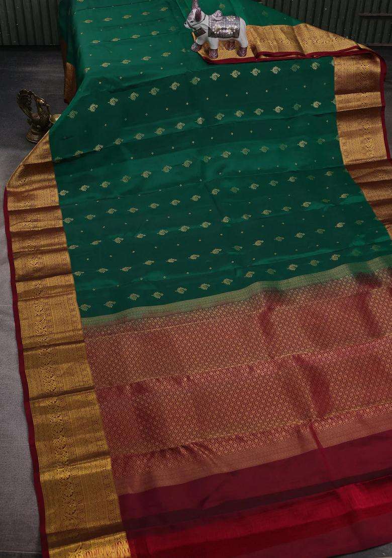 Green Maroon Kanchipuram Silk Buttas Saree With Buttas And Brocade Design For Women - Indya