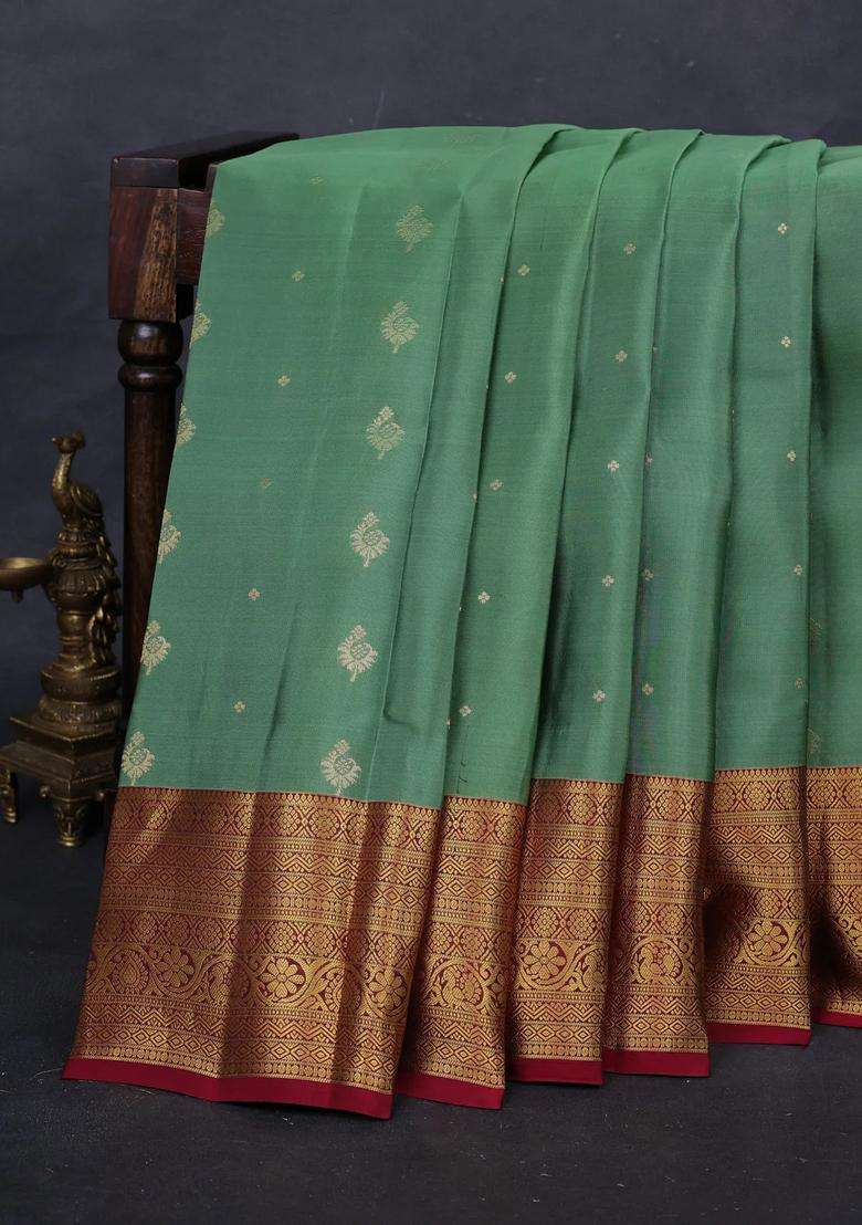 Pastel Green Maroon Kanchipuram Silk Buttas Saree With Buttas And Brocade Design For Women - Indya