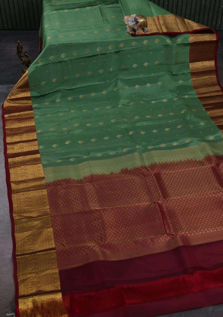 Pastel Green Maroon Kanchipuram Silk Buttas Saree With Buttas And Brocade Design For Women - Indya