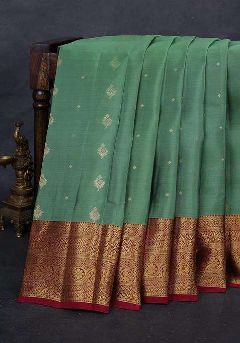 Pastel Green Maroon Kanchipuram Silk Buttas Saree With Buttas And Brocade Design For Women