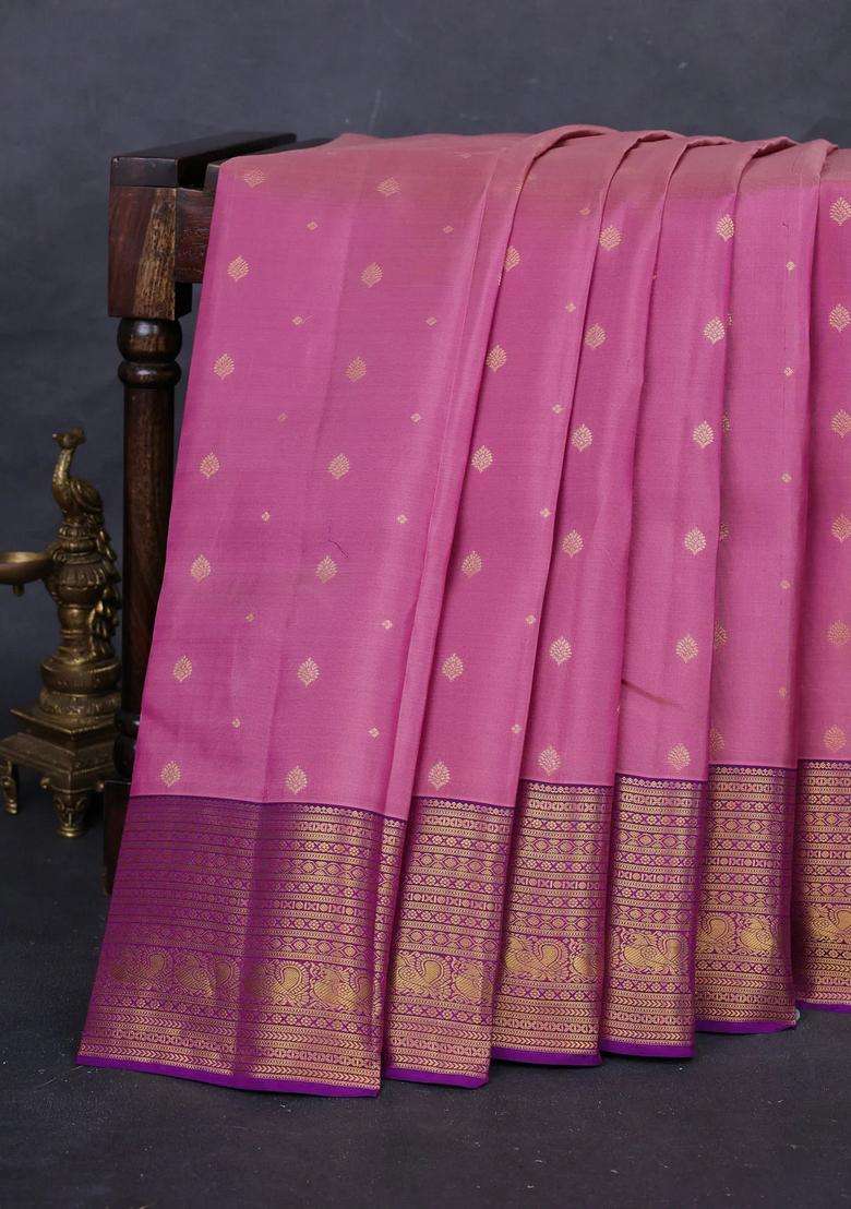 Mauve Pink Purple Kanchipuram Silk Buttas Saree With Buttas And Brocade Design For Women - Indya