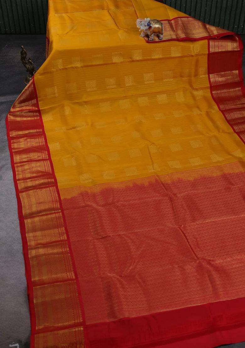 Mustard Yellow Red Kanchipuram Silk Weaves Saree With Traditional Woven Design For Women - Indya