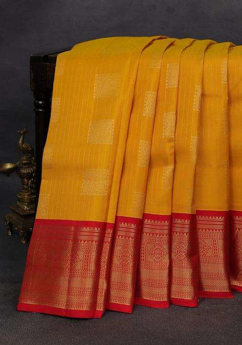 Mustard Yellow Red Kanchipuram Silk Weaves Saree With Traditional Woven Design For Women