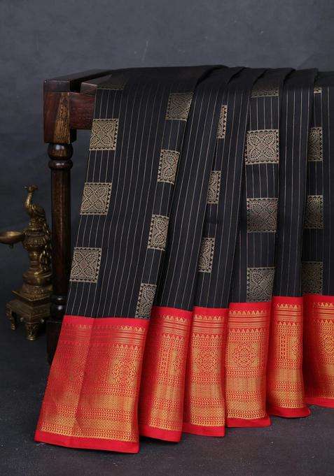 Black Red Kanchipuram Silk Weaves Saree With Traditional Woven Design For Women