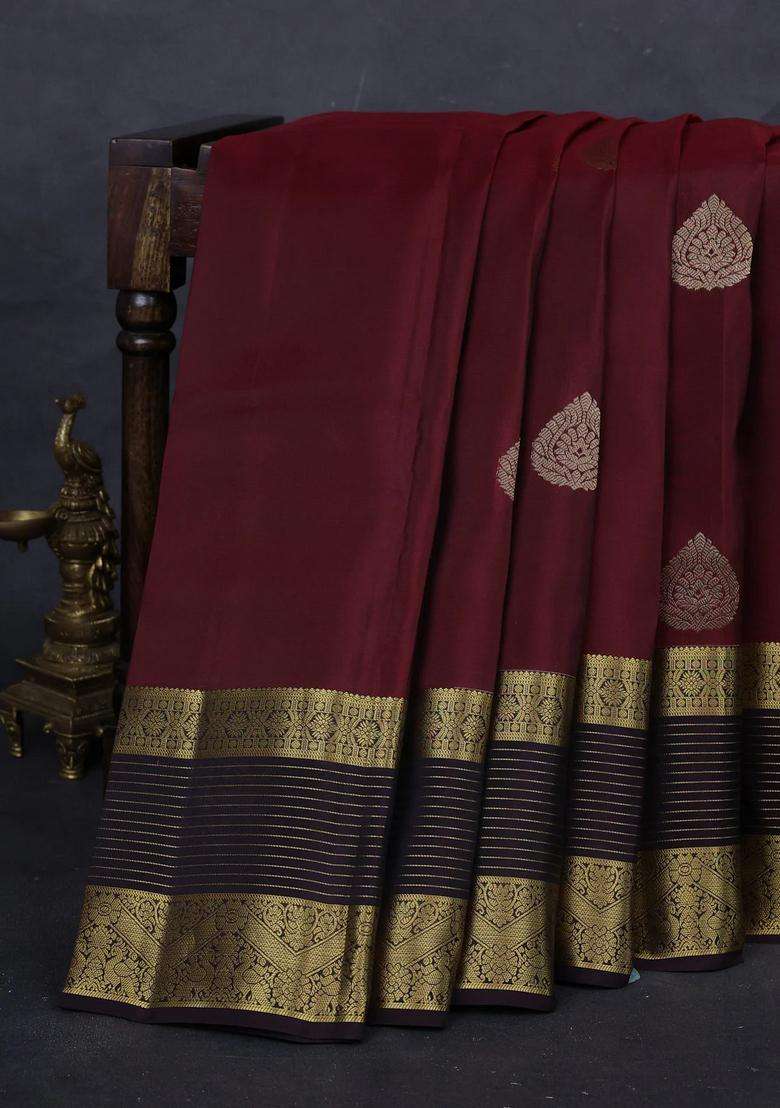 Maroon Jamun Kanchipuram Silk Buttas Saree With Buttas And Brocade Design For Women - Indya