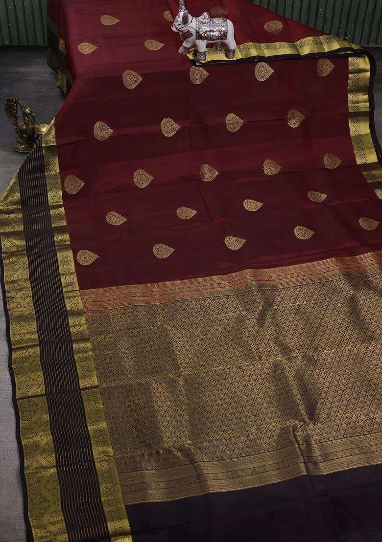 Maroon Jamun Kanchipuram Silk Buttas Saree With Buttas And Brocade Design For Women - Indya