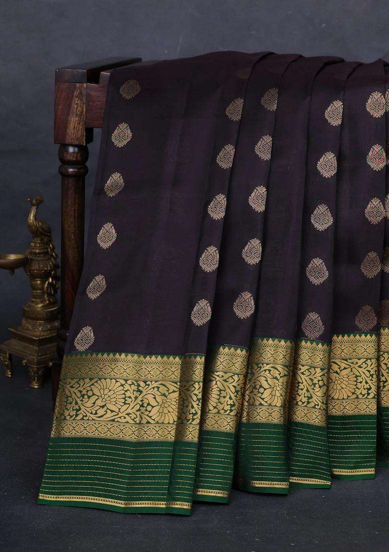 Wine Green Kanchipuram Silk Buttas Saree With Buttas And Brocade Design For Women - Indya