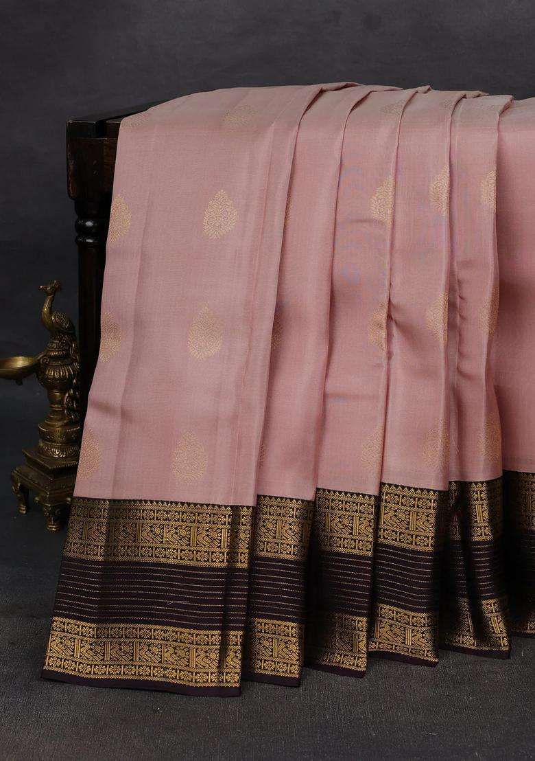 Pastel Peach Wine Kanchipuram Silk Buttas Saree With Buttas And Brocade Design For Women - Indya