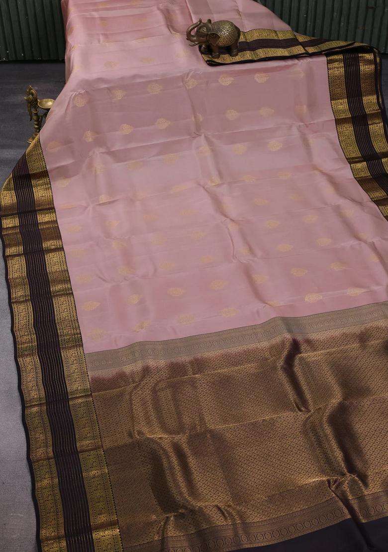 Pastel Peach Wine Kanchipuram Silk Buttas Saree With Buttas And Brocade Design For Women - Indya
