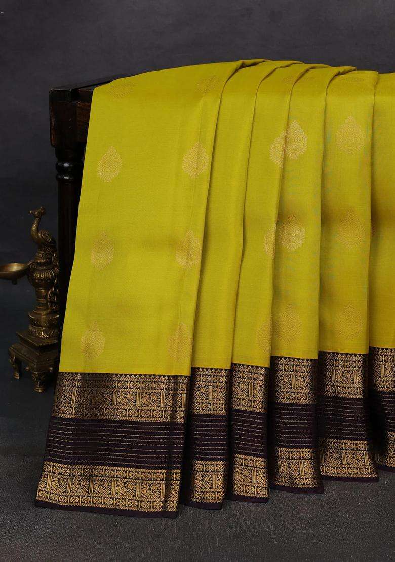Lime Yellow Wine Kanchipuram Silk Buttas Saree With Buttas And Brocade Design For Women - Indya