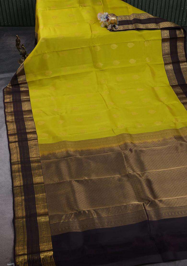 Lime Yellow Wine Kanchipuram Silk Buttas Saree With Buttas And Brocade Design For Women - Indya