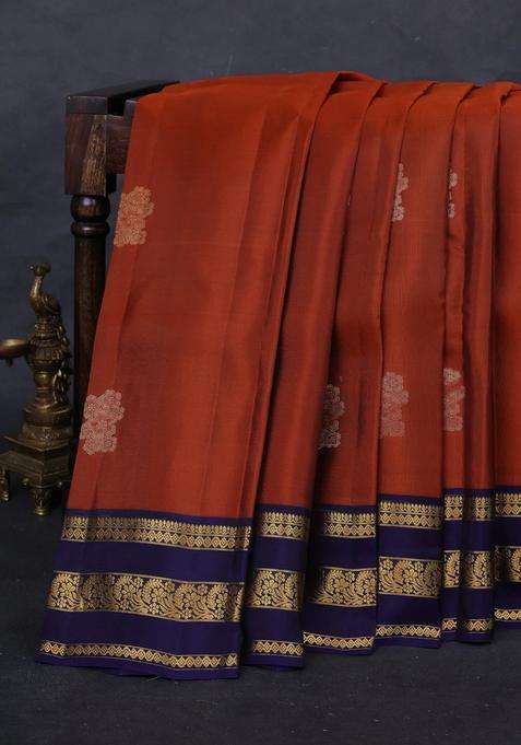 Rust Navy Blue Kanchipuram Silk Buttas Saree With Buttas And Brocade Design For Women