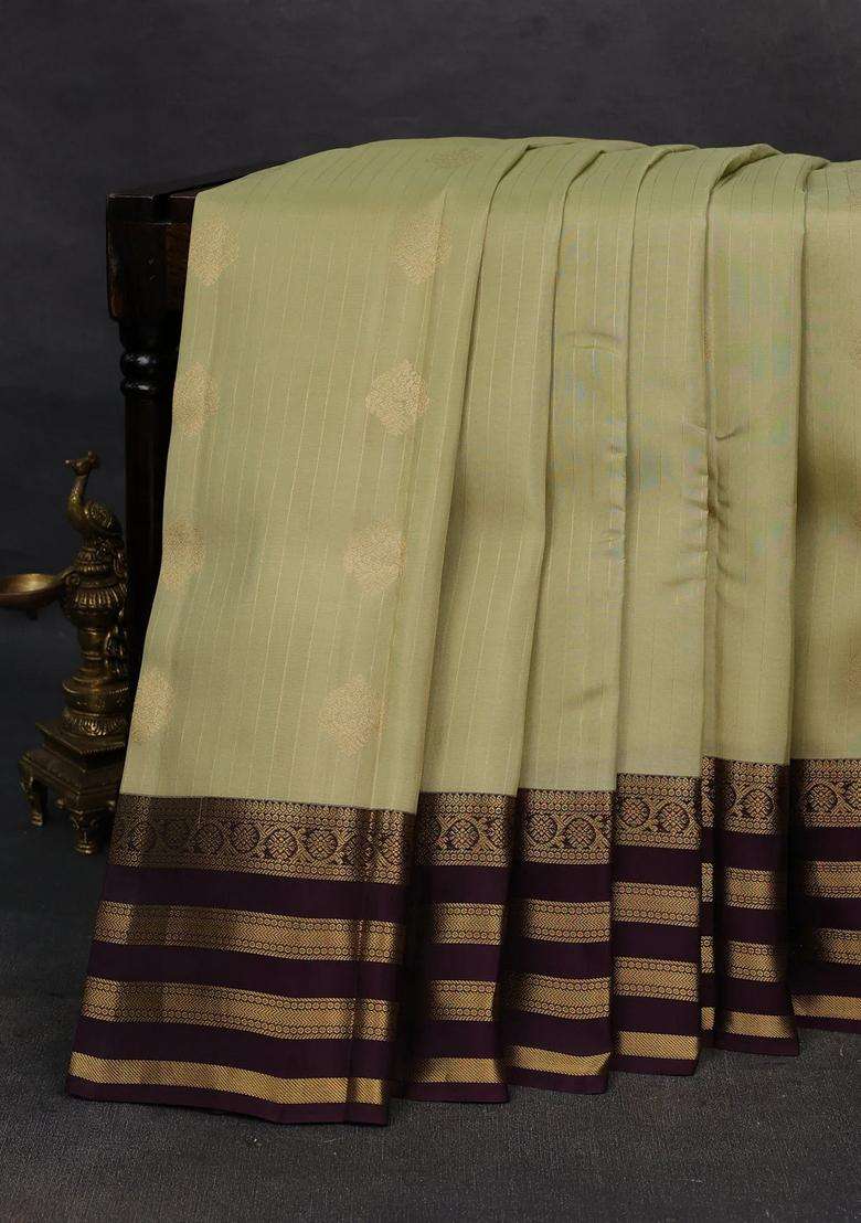 Pista Green Wine Kanchipuram Silk Weaves Saree With Traditional Woven Design For Women - Indya