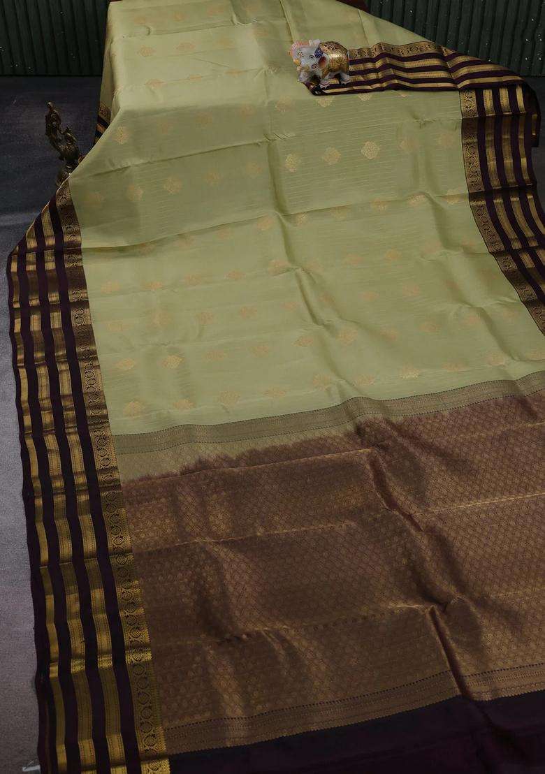 Pista Green Wine Kanchipuram Silk Weaves Saree With Traditional Woven Design For Women - Indya