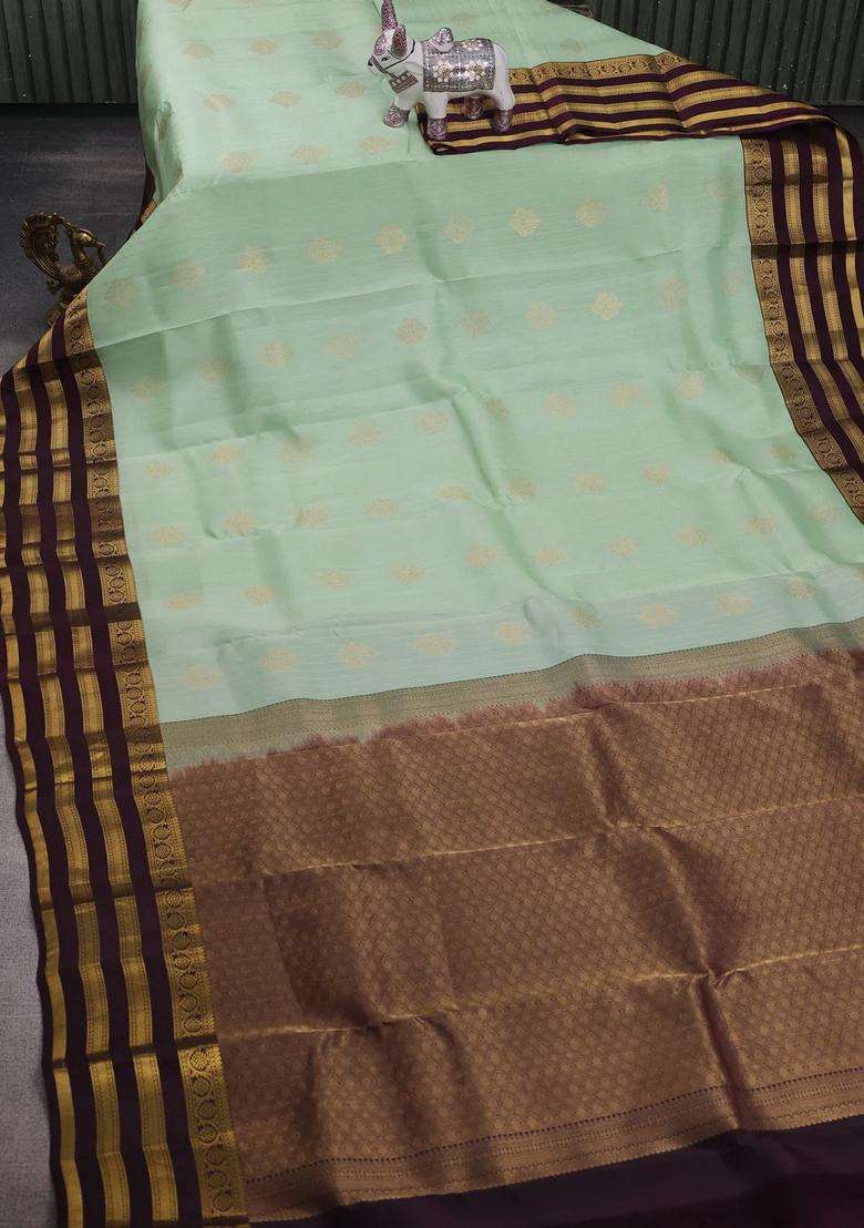 Pista Green Wine Kanchipuram Silk Weaves Saree With Traditional Woven Design For Women - Indya