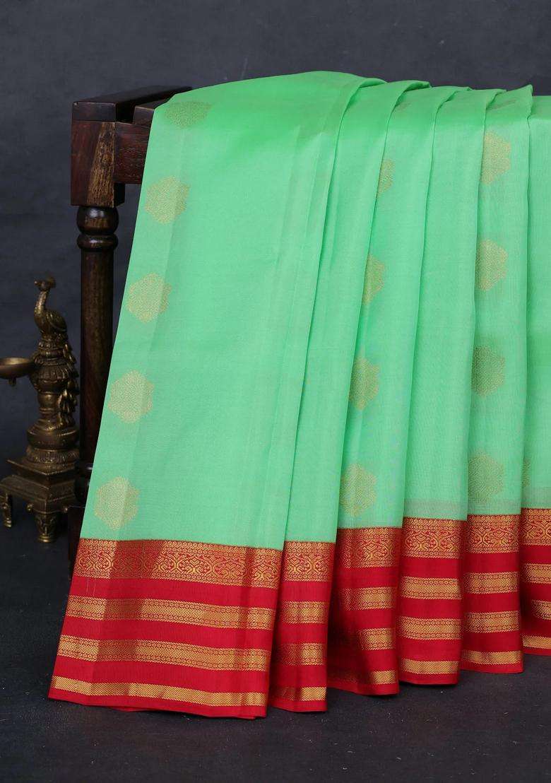 Green Red Kanchipuram Silk Buttas Saree With Buttas And Brocade Design For Women - Indya