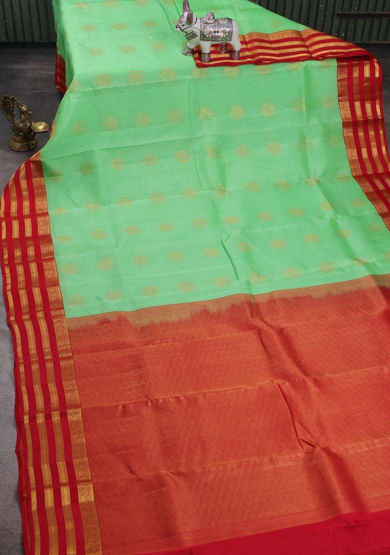 Green Red Kanchipuram Silk Buttas Saree With Buttas And Brocade Design For Women - Indya