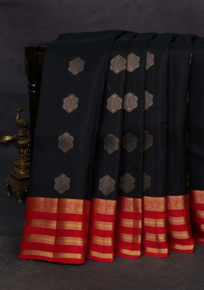 Black Red Kanchipuram Silk Buttas Saree With Buttas And Brocade Design For Women - Indya