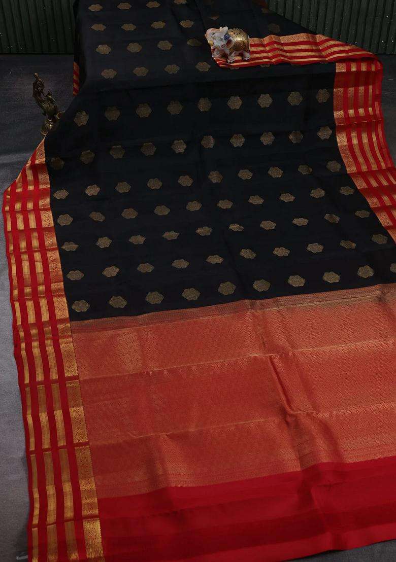 Black Red Kanchipuram Silk Buttas Saree With Buttas And Brocade Design For Women - Indya