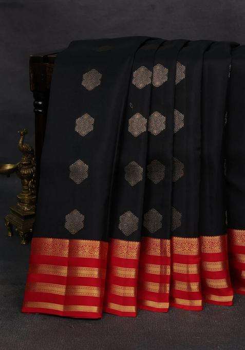 Black Red Kanchipuram Silk Buttas Saree With Buttas And Brocade Design For Women