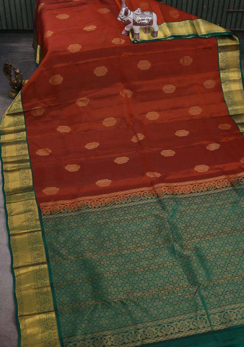 Rust Green Kanchipuram Silk Buttas Saree With Buttas And Brocade Design For Women - Indya
