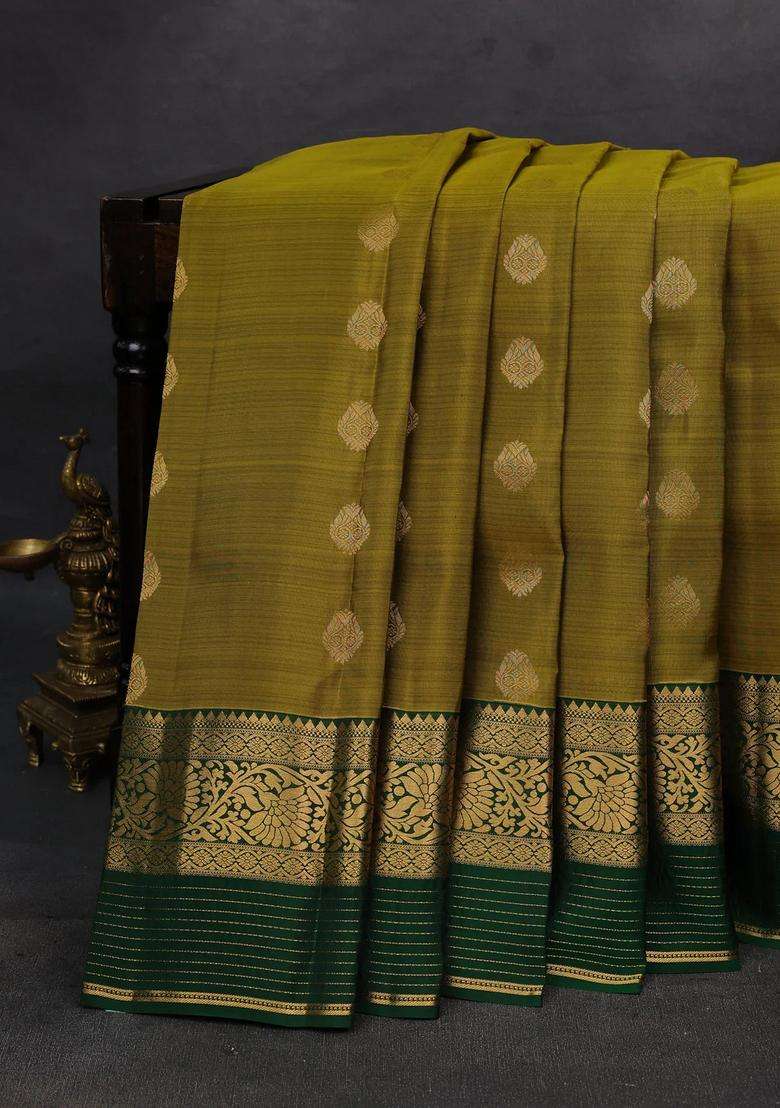 Mehendi Green Green Kanchipuram Silk Buttas Saree With Buttas And Brocade Design For Women - Indya