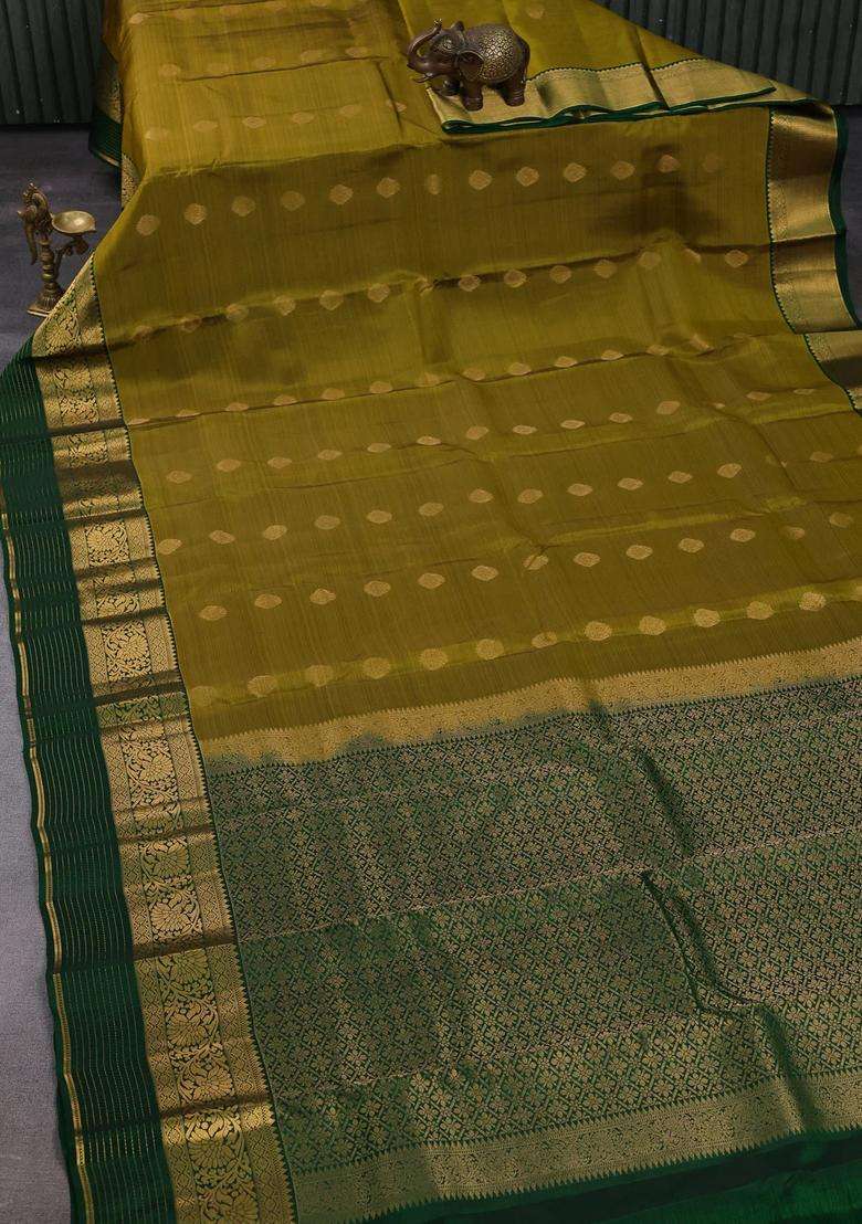 Mehendi Green Green Kanchipuram Silk Buttas Saree With Buttas And Brocade Design For Women - Indya