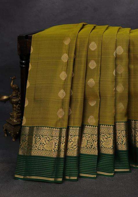 Mehendi Green Green Kanchipuram Silk Buttas Saree With Buttas And Brocade Design For Women