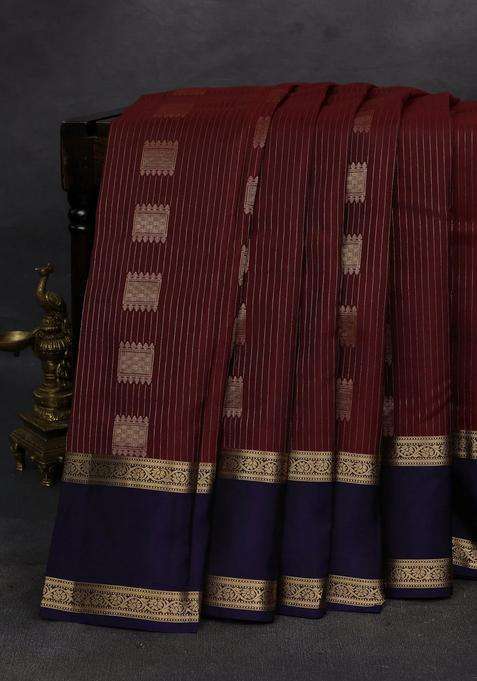 Maroon Navy Blue Kanchipuram Silk Weaves Saree With Traditional Woven Design For Women