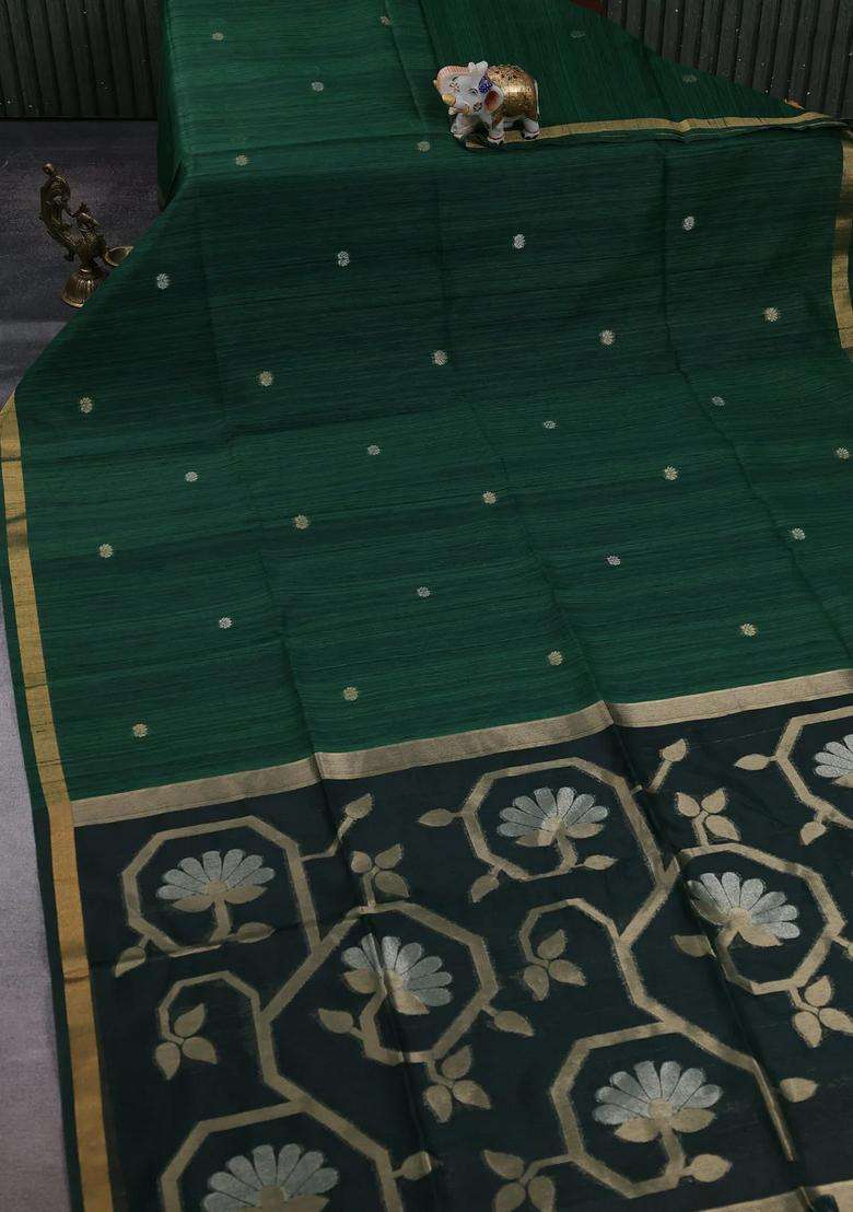 Green Bottle Green Bhagalpuri Tussar Saree With Traditional Woven Design For Women - Indya