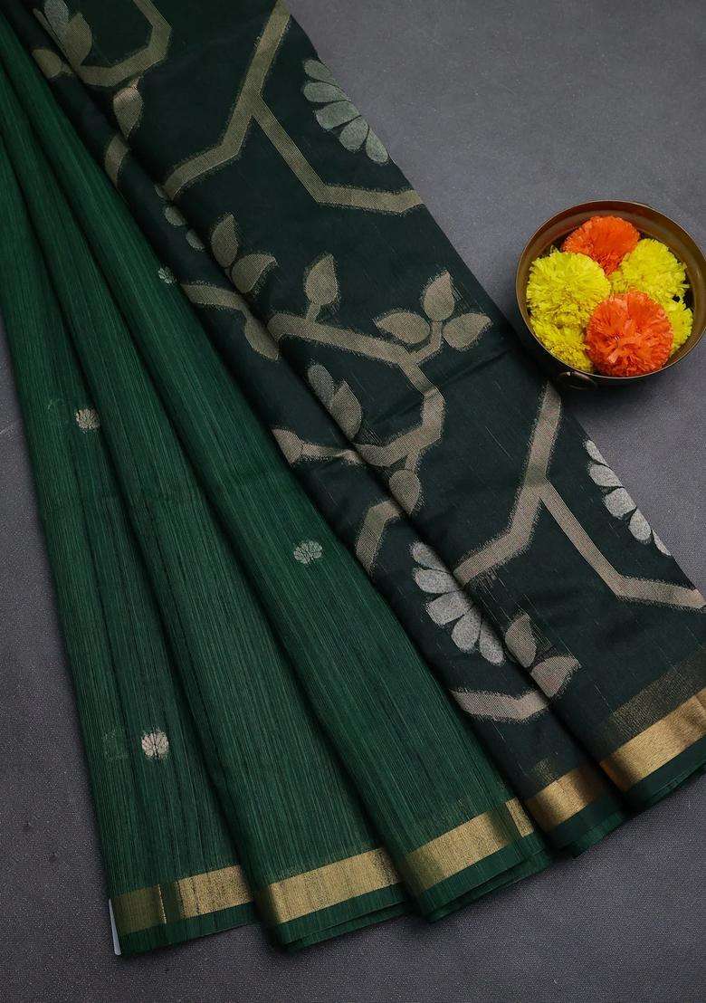 Green Bottle Green Bhagalpuri Tussar Saree With Traditional Woven Design For Women - Indya