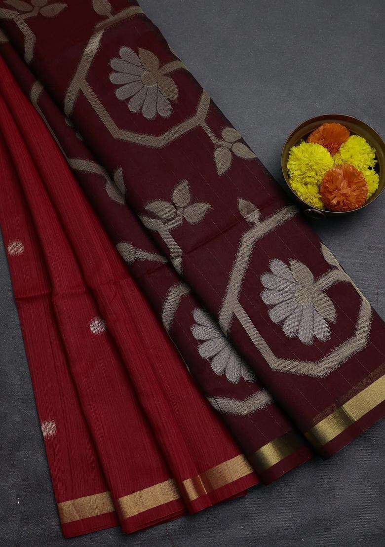 Red Maroon Bhagalpuri Tussar Saree With Traditional Woven Design For Women - Indya