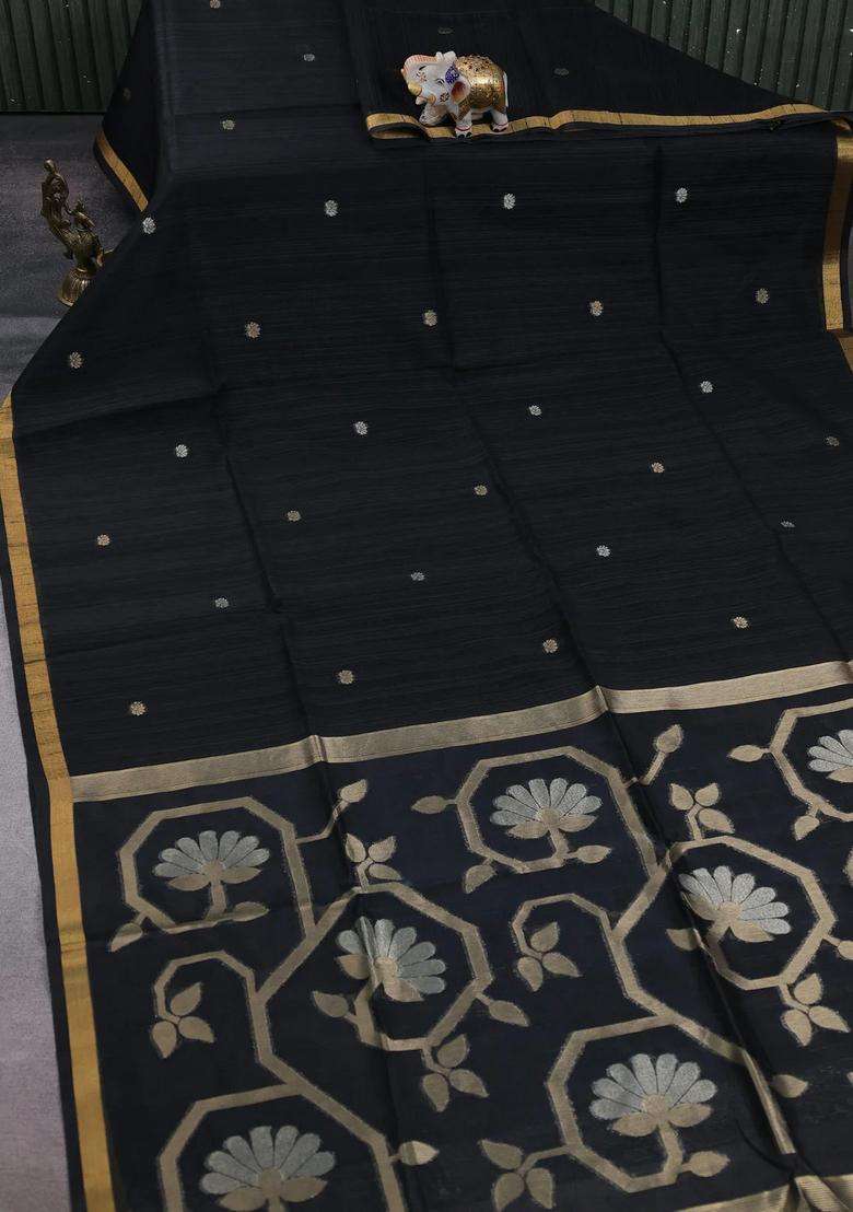 Black Bhagalpuri Tussar Saree With Traditional Woven Design For Women - Indya