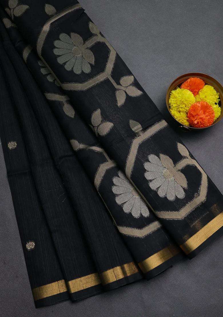 Black Bhagalpuri Tussar Saree With Traditional Woven Design For Women - Indya