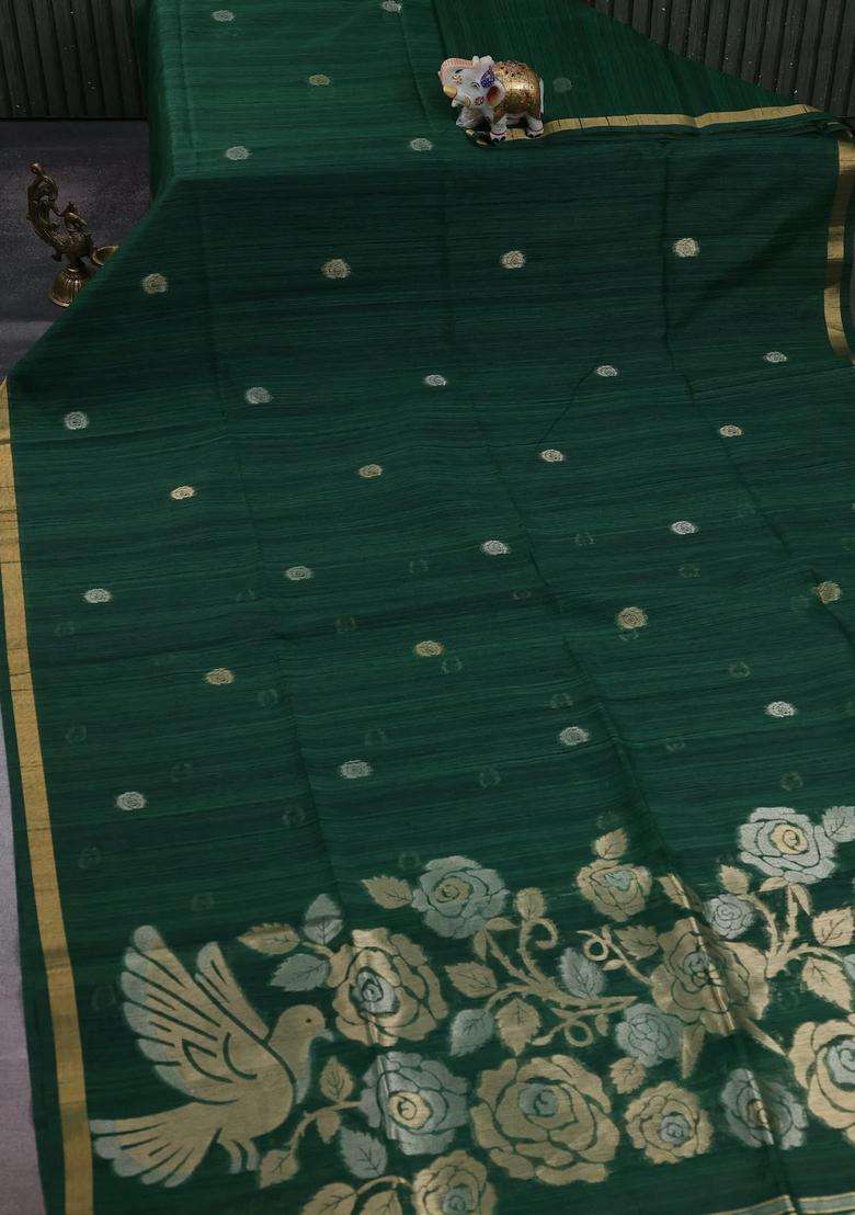 Green Bhagalpuri Tussar Saree With Traditional Woven Design For Women - Indya