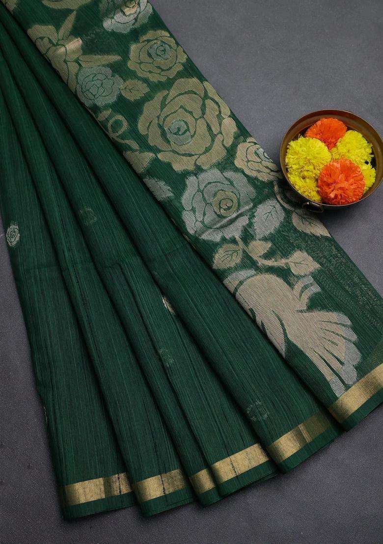 Green Bhagalpuri Tussar Saree With Traditional Woven Design For Women - Indya